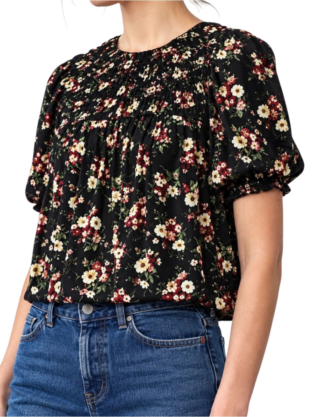 Zara multicolor floral print puff sleeve smocked blouse